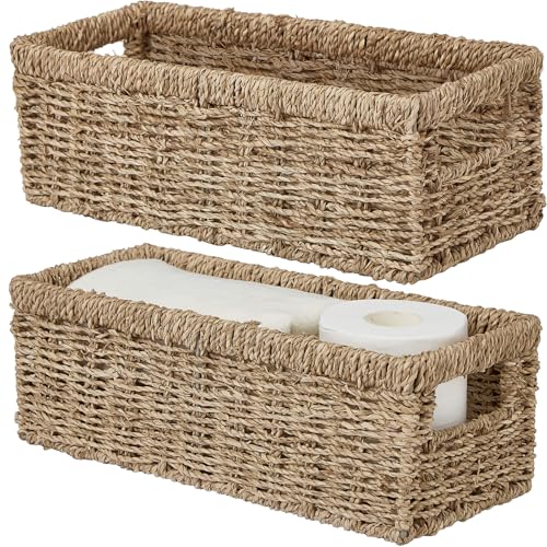 Vagusicc Wicker Storage Basket, Hand-Woven Seagrass Wicker Baskets with Handles, Toilet Paper Basket for Toilet Tank Top, Small Wicke Baskets for Organizing Shelves, 2-Pack, Seagrass