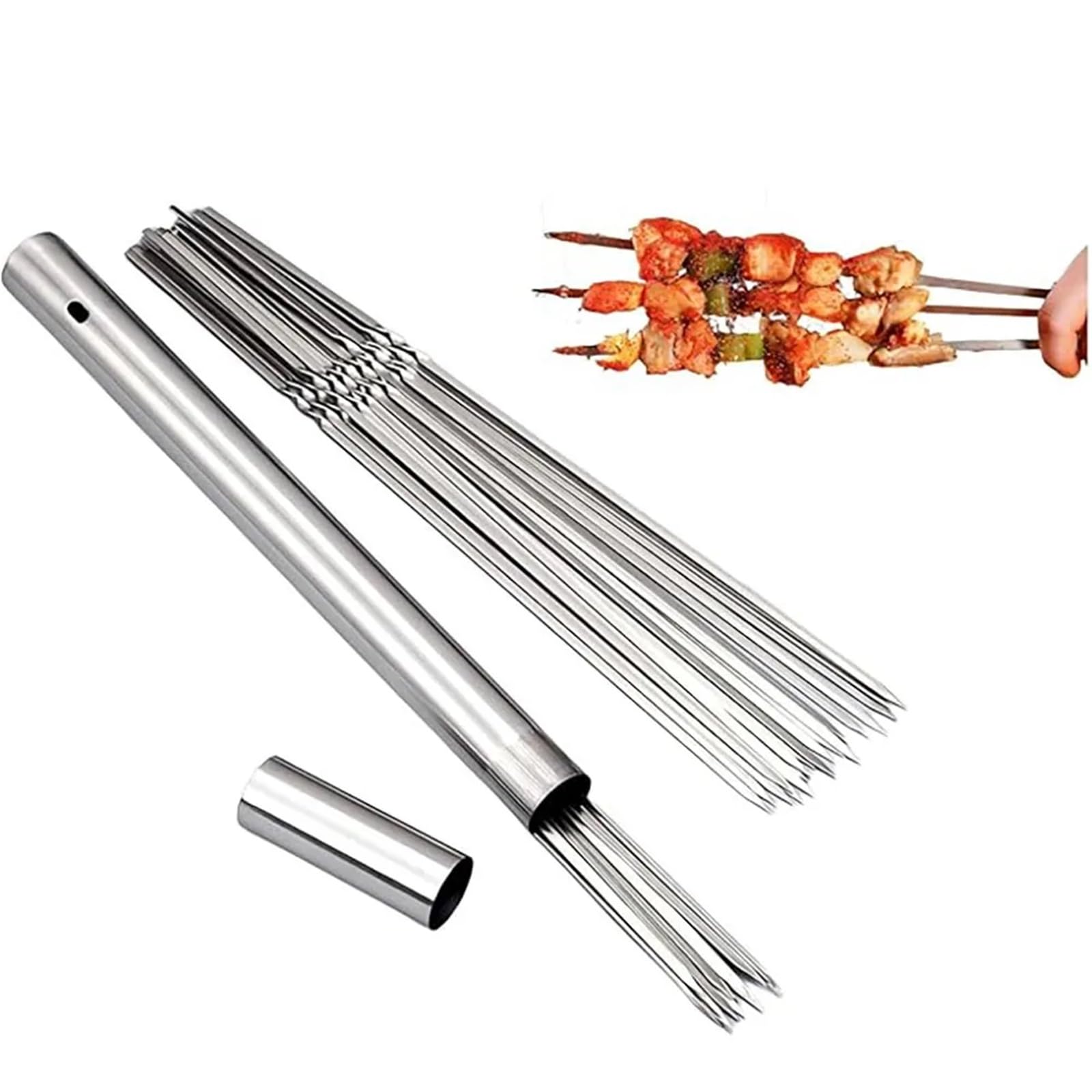 Pinchos Acero Inoxidable 40 brochetas planas for barbacoa de acero inoxidable 304 34 cm largo, con tubo almacenamiento metálico, reutilizables for asar