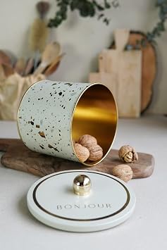 EVLE-Terrazo Desenli Yuvarlak Metal Saklama Kab , Erzak Saklama Kab  - Organizer Kutu 14 Cm X 12,5 Cm Terrazzo Cream