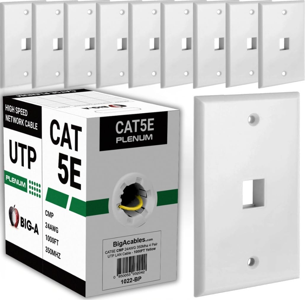 Big-A - Plenum Cat5e Cable 1000ft Yellow 350MHz, for Professional Use + 1 Port Keystone Wall Plate 1 Gang Standard Ethernet Wall Plate Compatible with HDMI – White Bundle