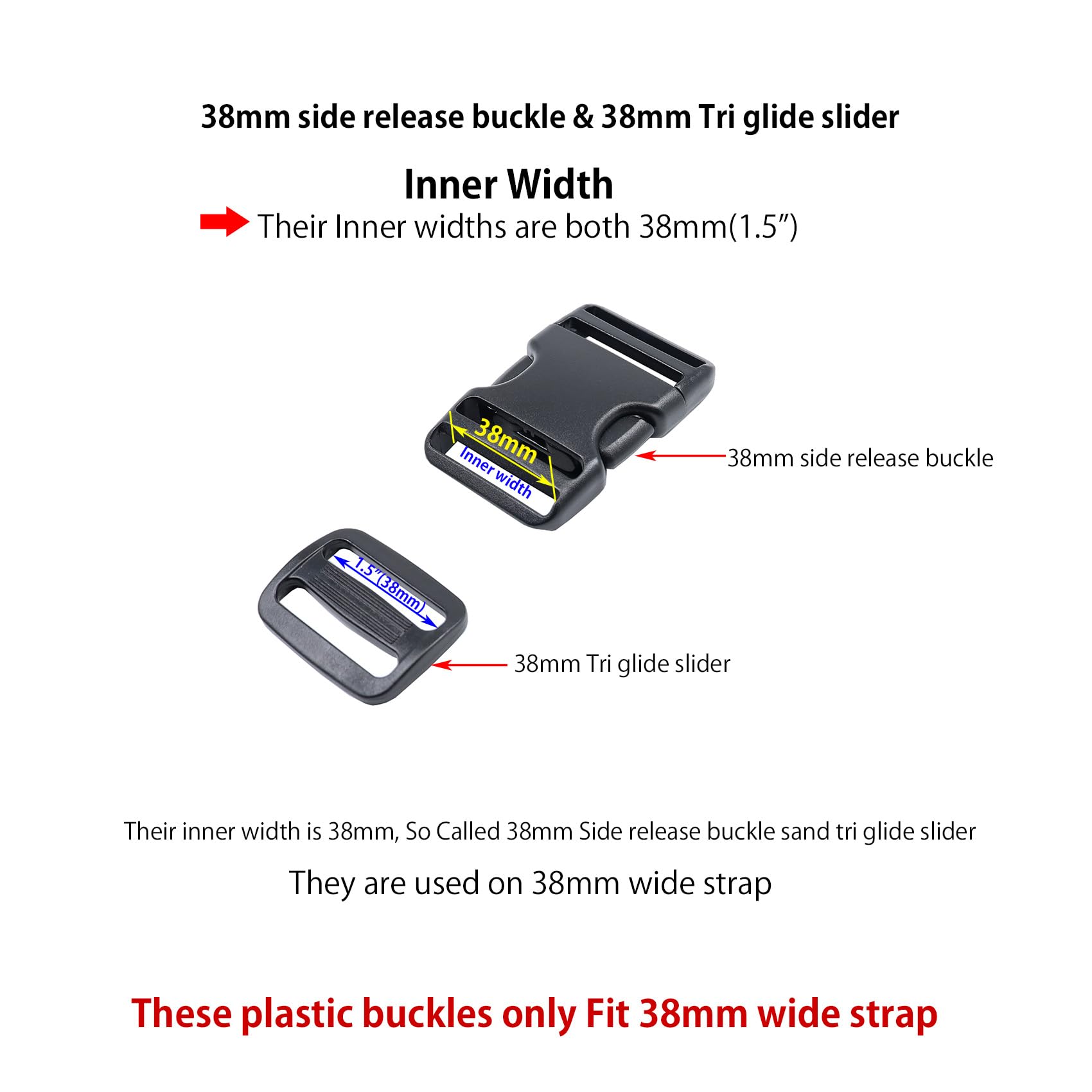 Ahijklmn Plastic Buckles,Plastic Side Release Buckle clips + Tri Glide Slides Heavy Duty Replacement Buckle Clips Snap Sliders for Backpack (38mm - Image 2