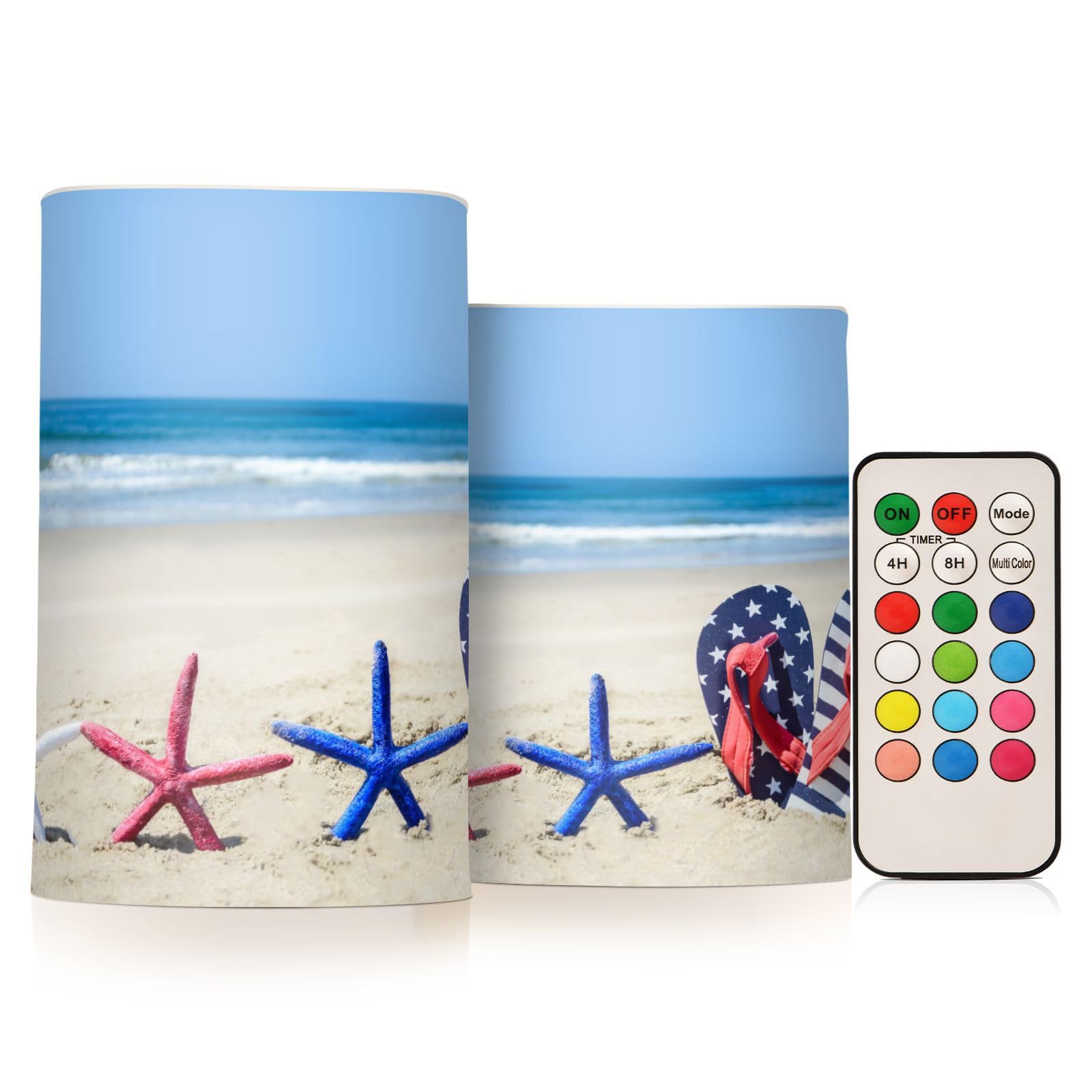 Kcldeci LED Flameless Candles Battery Operated with Remote and Timer, Patriotic USA Starfish and Flip Flops Sandy Beach Realistic Flickering Flameless Candles Led Pillar Candles, Set of 2