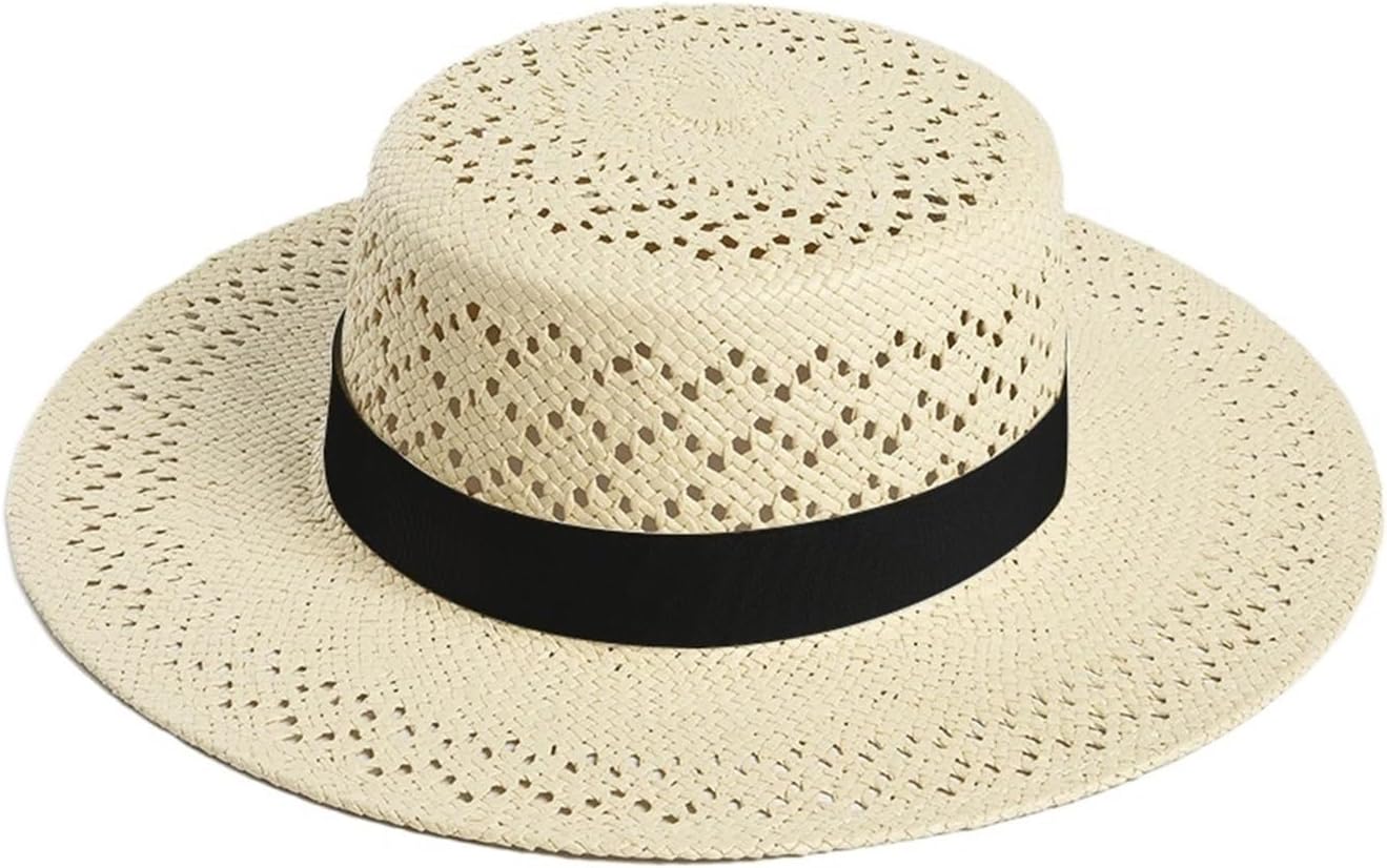 Women’s Wide Brim Paper Straw Hat with Hollow Design, Flat Top Sun Hat for Summer, Handwoven Beach Hat with Ribbon