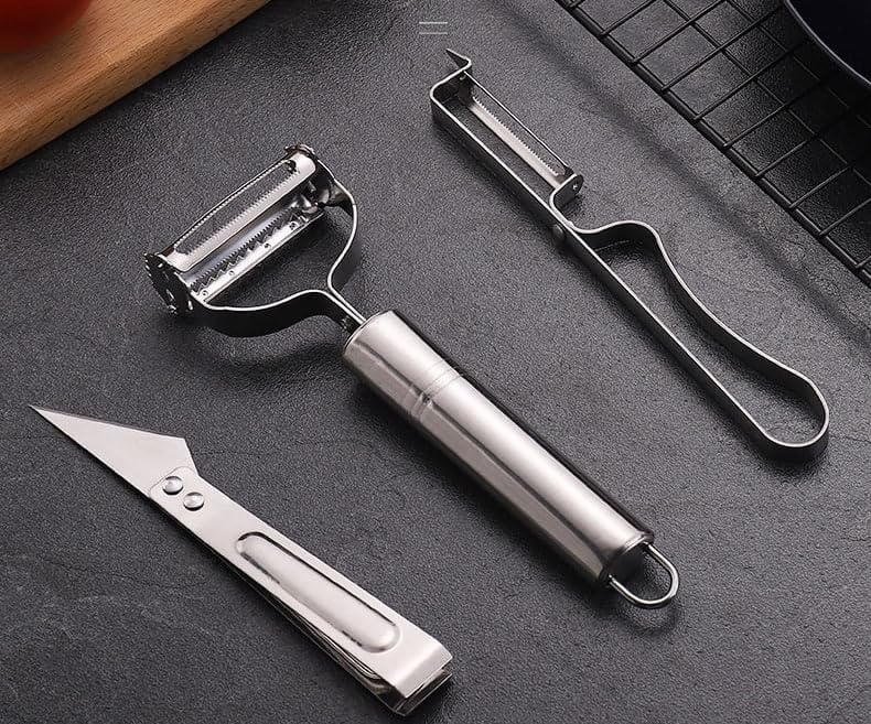 Image of Stainless Steel Julienne Vegetable Peeler Multi-Functional Fruit & Veggie Shredder Slicer and Grater for Potatoes, Carrots, Cucumbers (3-in-1 Stainless Steel Peeler)