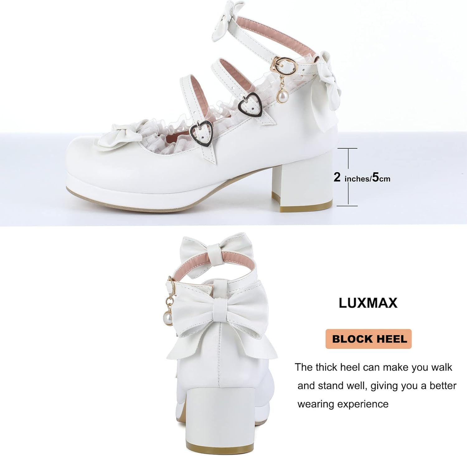 LUXMAX Women Cute Shoes Kawaii Pumps Mid Block Heel Mary Janes Platform Sweet Cosplay Dress Shoes Strappy Ankle Strap Pumps with Bow - Image 5