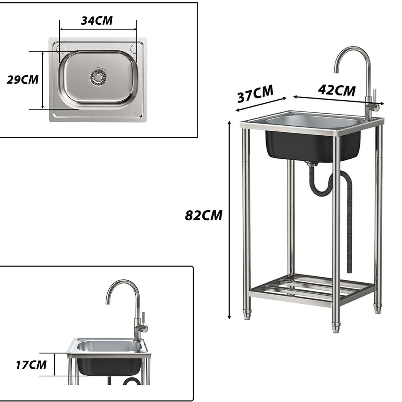 Lavello in Cucina Acciaio Inox Autoportante 42x37x82cm 1 Vasca Mobile Interno e Esterno Vasca singola Lavandino Commerciale per lavanderia, bar, garage o ristorante,Facile Da Pulir