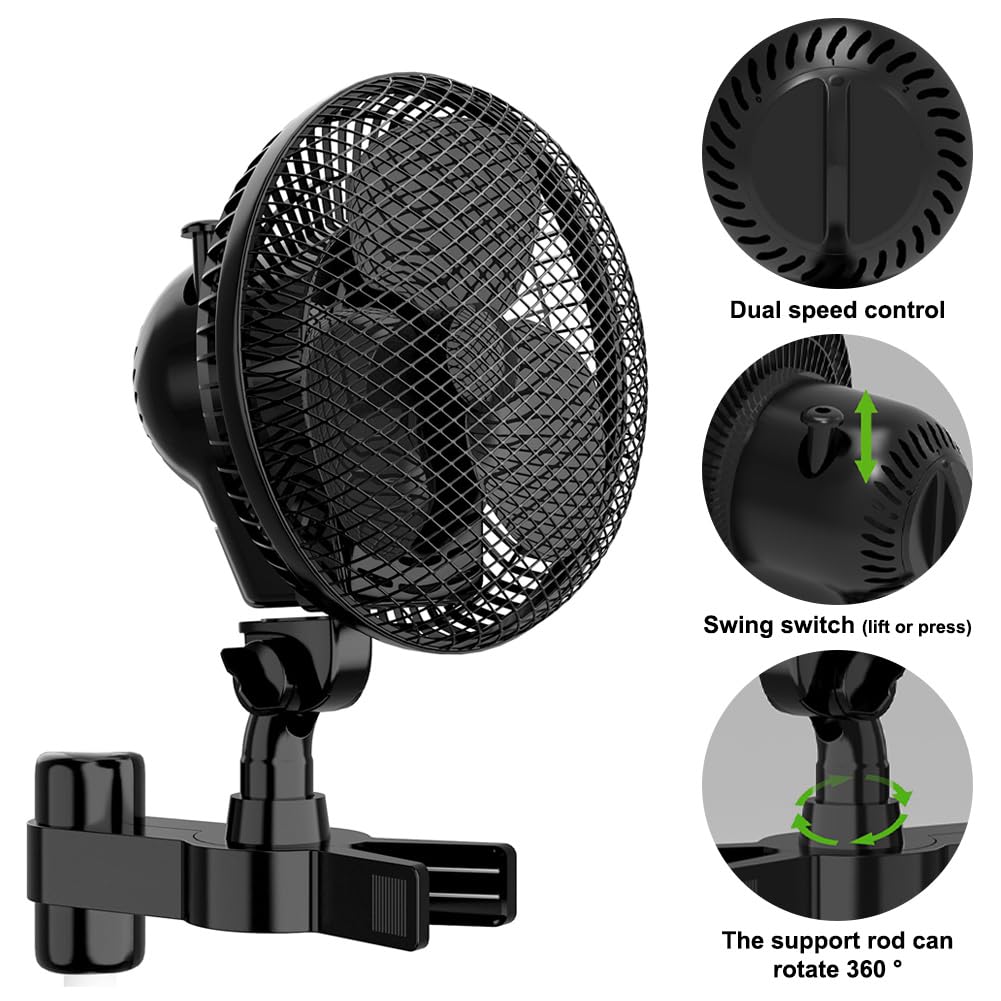 CEWROM Grow Ventilator mit Clip EC-Motor, 10 Stufen Klemmventilator, Grow Clip-Ventilator Klemmbar für growzelt, 20cm Durchmesser, EC-Motor 10W 32 dBA Perfekt Lüfter für Growbox, Schwarz