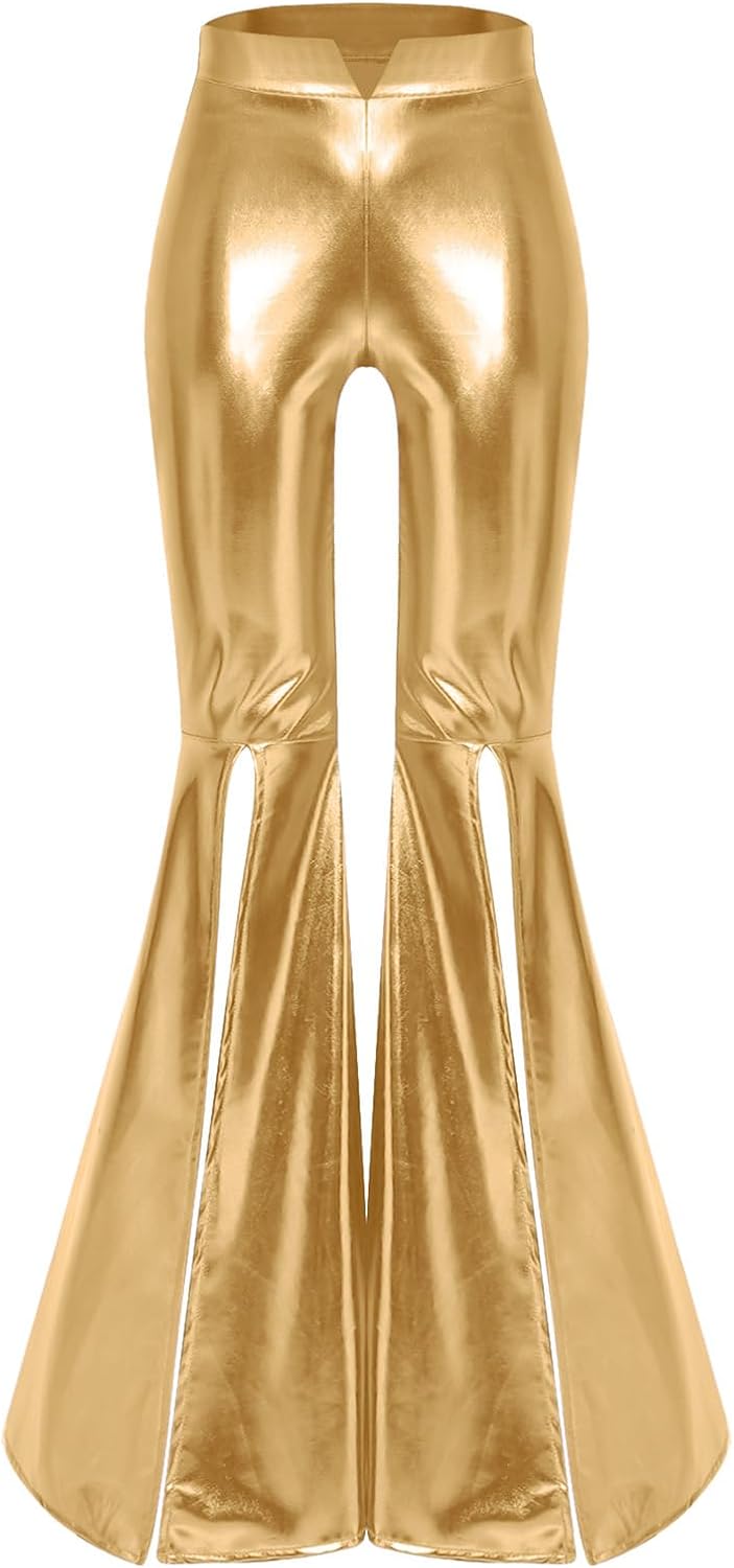 Women Dance Pants PVC Leather Wet Look Streetwear Shiny Metallic High Waisted Wide Leg Trousers