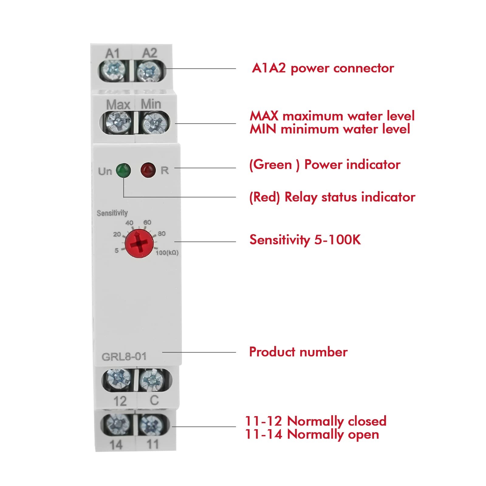 Relais de contrôle de niveau de liquide - GRL8-01 Contrôleur de niveau d'eau 10A AC/DC 24V-240V montage sur rail Din 35mm pour surveillance du niveau dans piscines, puits, châteaux d'eau
