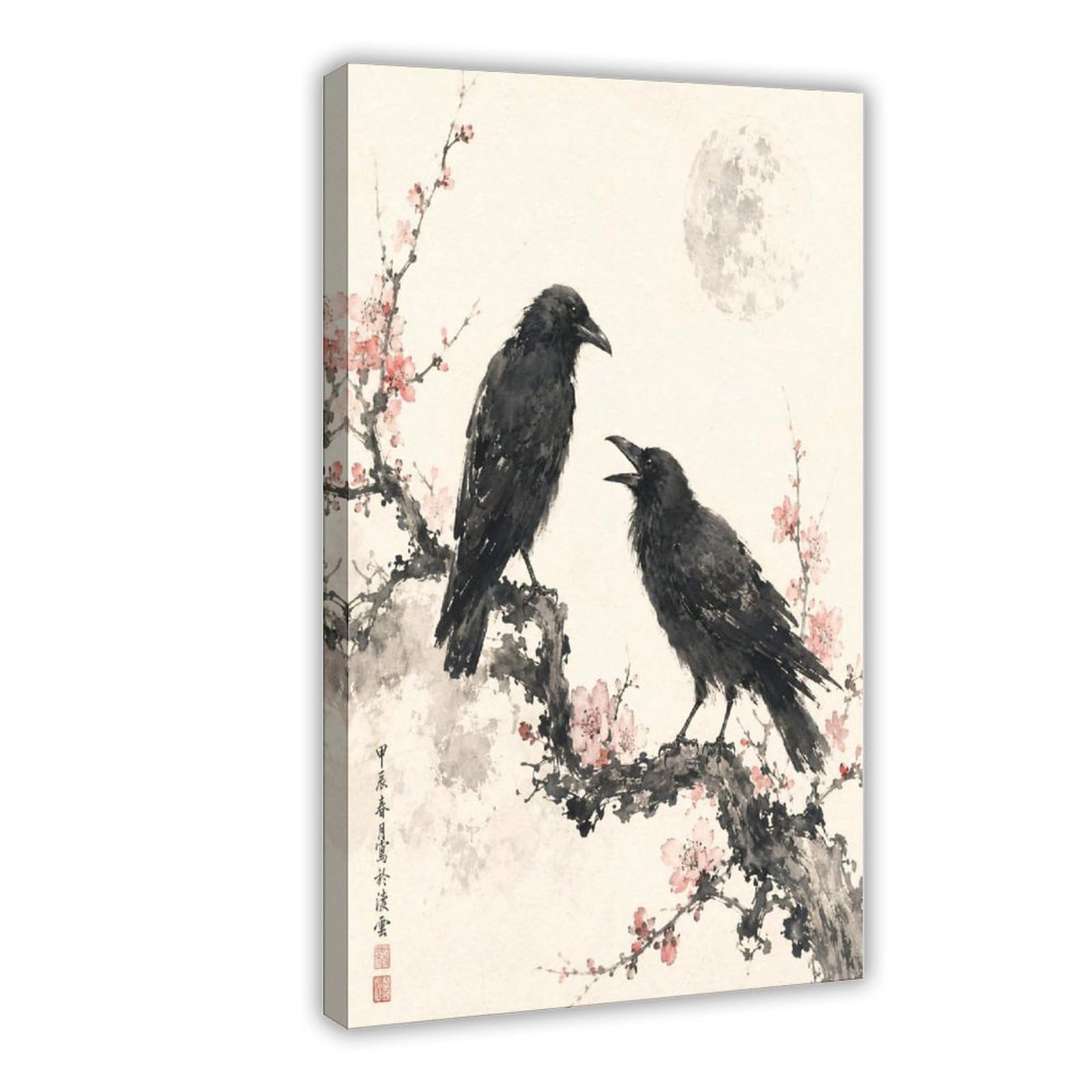 W7c8u2x3 Frame-Style-12 Raven Pair With Moon Canvas Wall Art, Ink Wash Japanese Woodblock