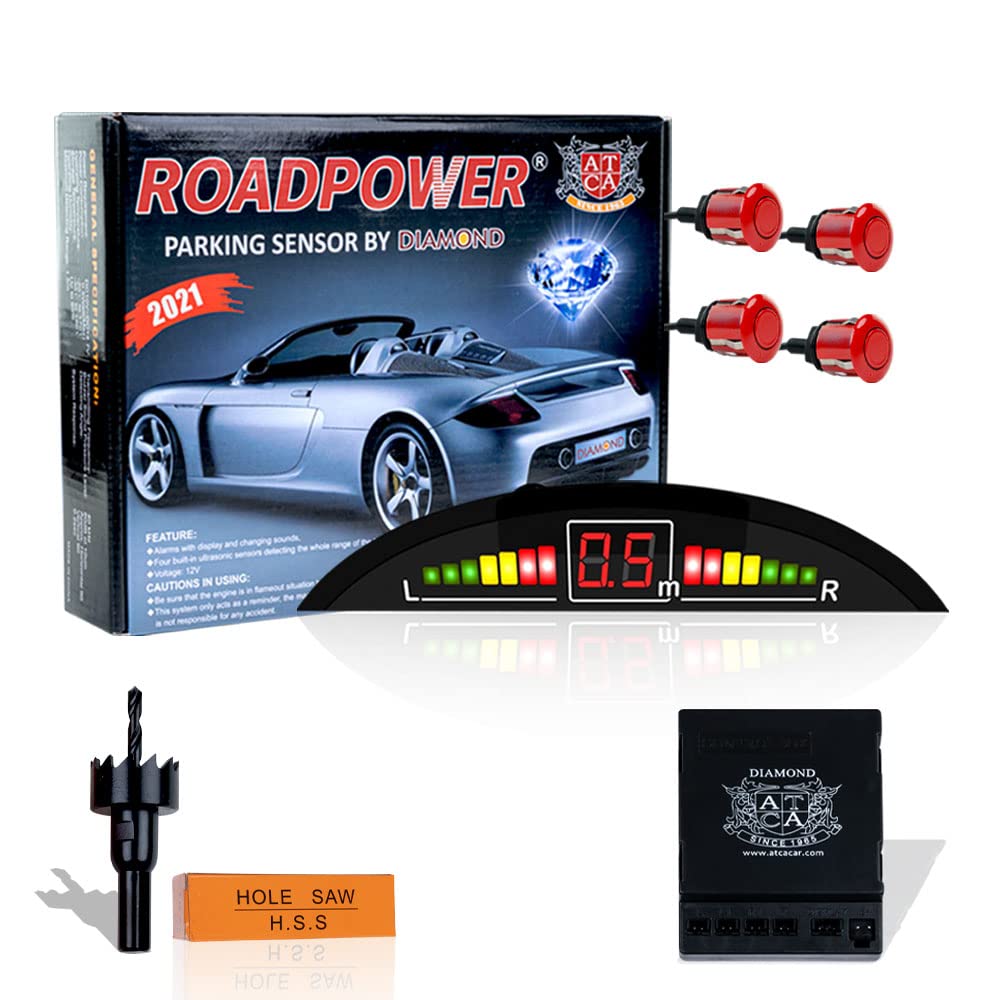 ROADPOWER Car Auto Vehicle Reverse Backup Radar System with 4 Parking Sensors Distance Detection + LED Distance Display + Sound Warning (Red, 4 Parking Sensors)