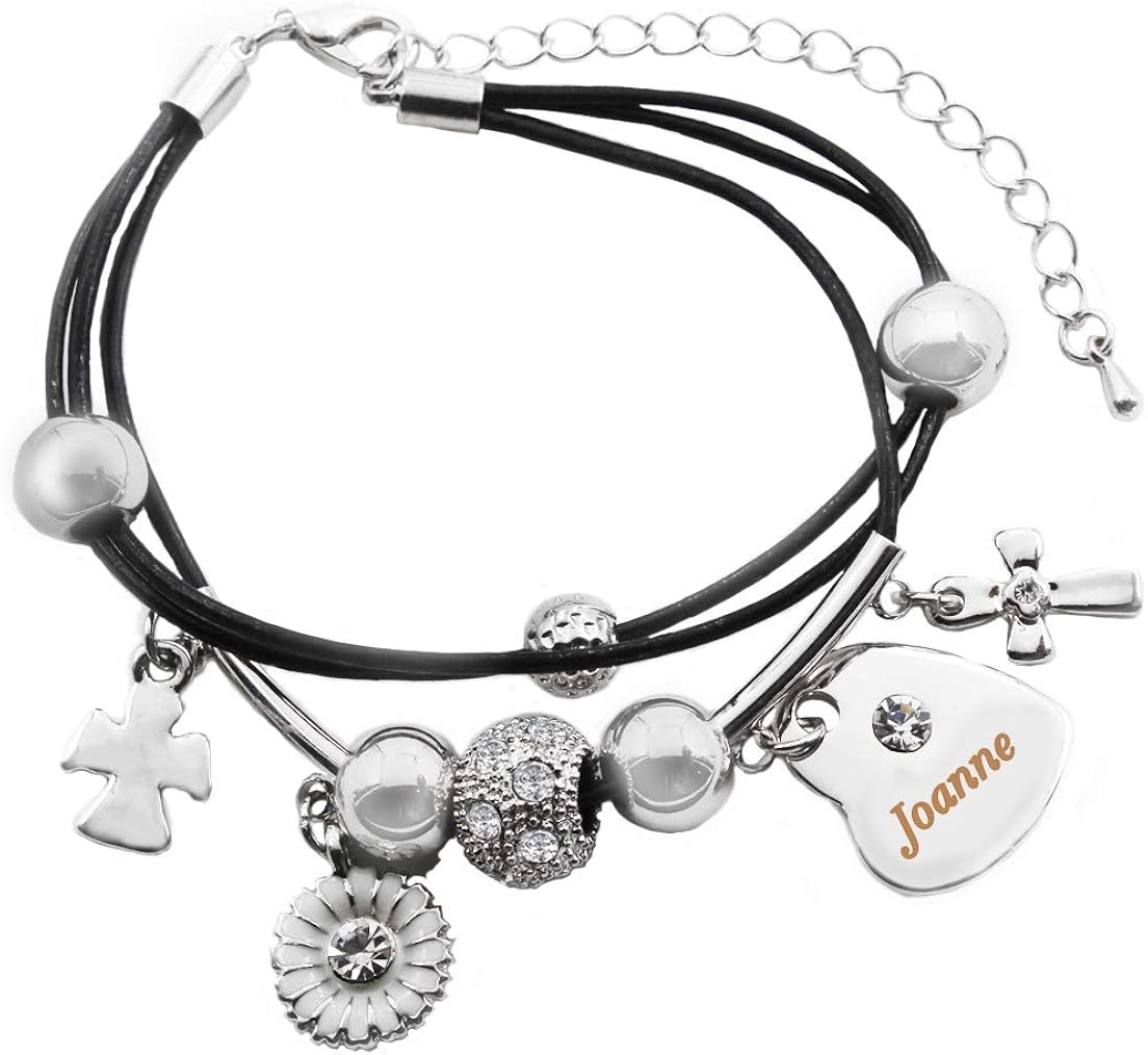 Kigu Joanne Name Bracelet - Genuine Leather Multi Strand Bracelet & 18K White Gold Plated Engraved Heart Charm