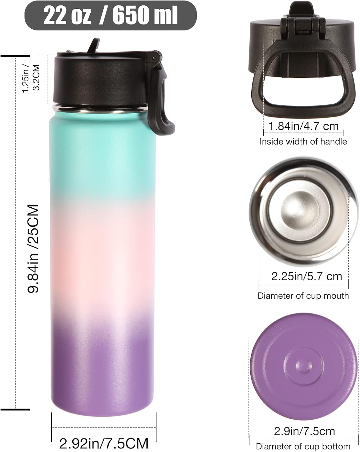 Volhoply 22oz Multic Gradient Color Double Wall Vacuum Insulated Water Bottle with Straw Lid,Stainless Steel Cups with Handle,Reusable Metal Bottles,Cup Holder Friendly Keep Cold(Mixture,4 Pack) - Image 3