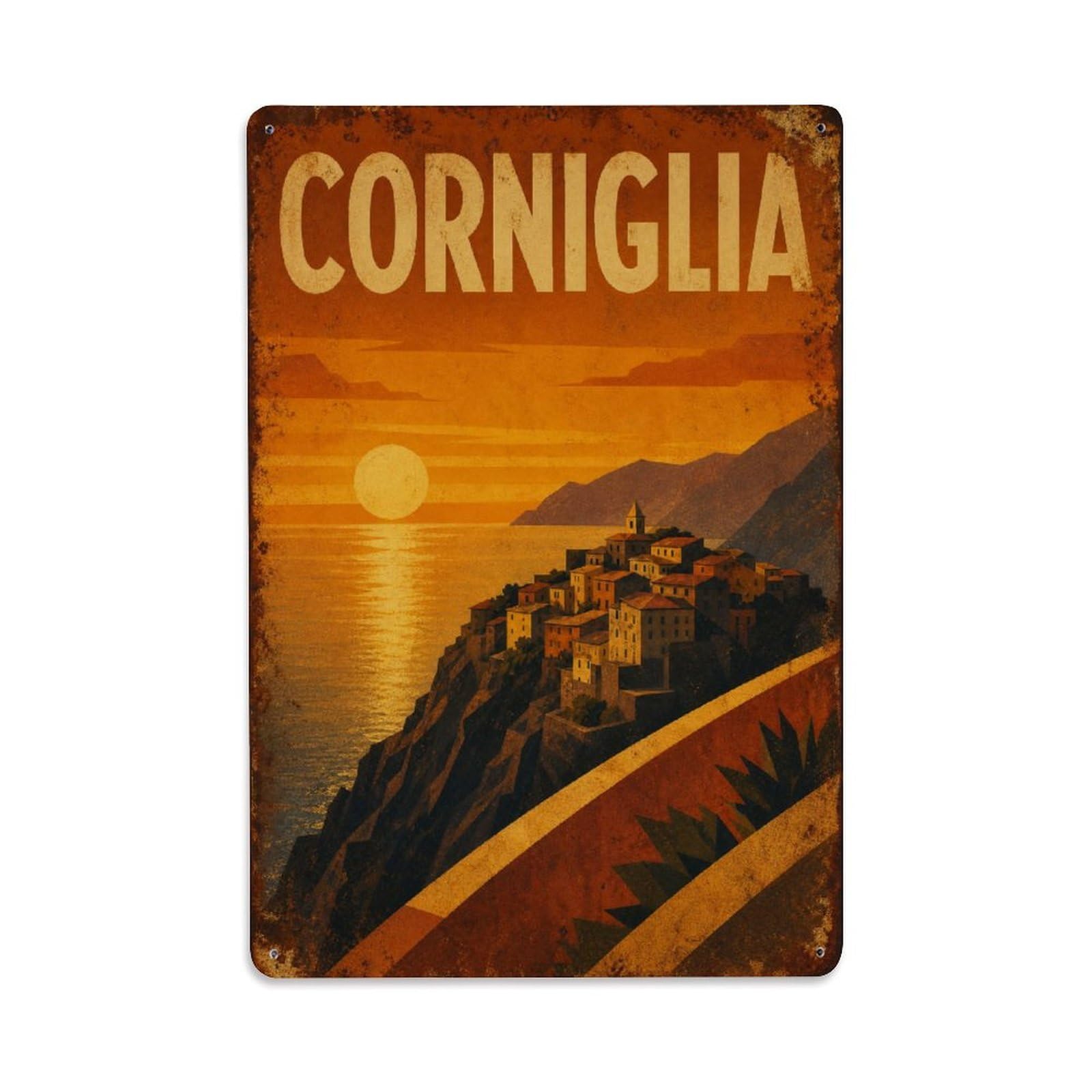 Huiyhb 8X12inch(20X30cm) Vintage Travel Corniglia Sunset Vista Golden Evening Italy Metal Tin Sign