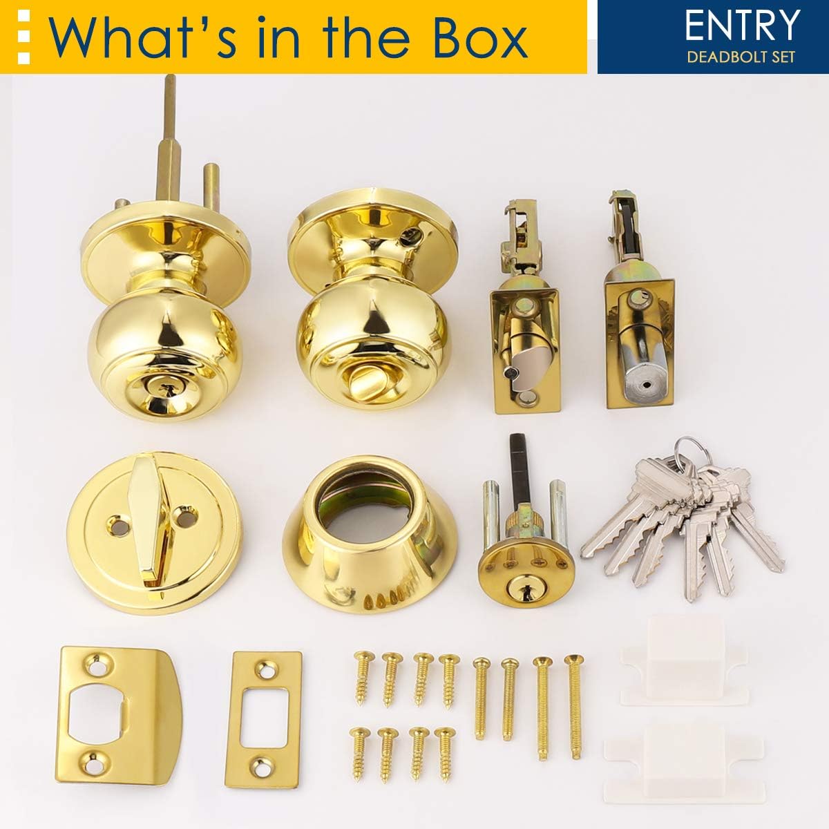 Suреr Bіg Clеаrаnсе! 4 Pack Keyed Alike Entry Door Knob and Single Cylinder Deadbolt Lock Combo Set, Front Door Entry Knobs Lockset and Deadbolt Combination Set, Keyed Entry Knobset with Same Keys, Polished Brass