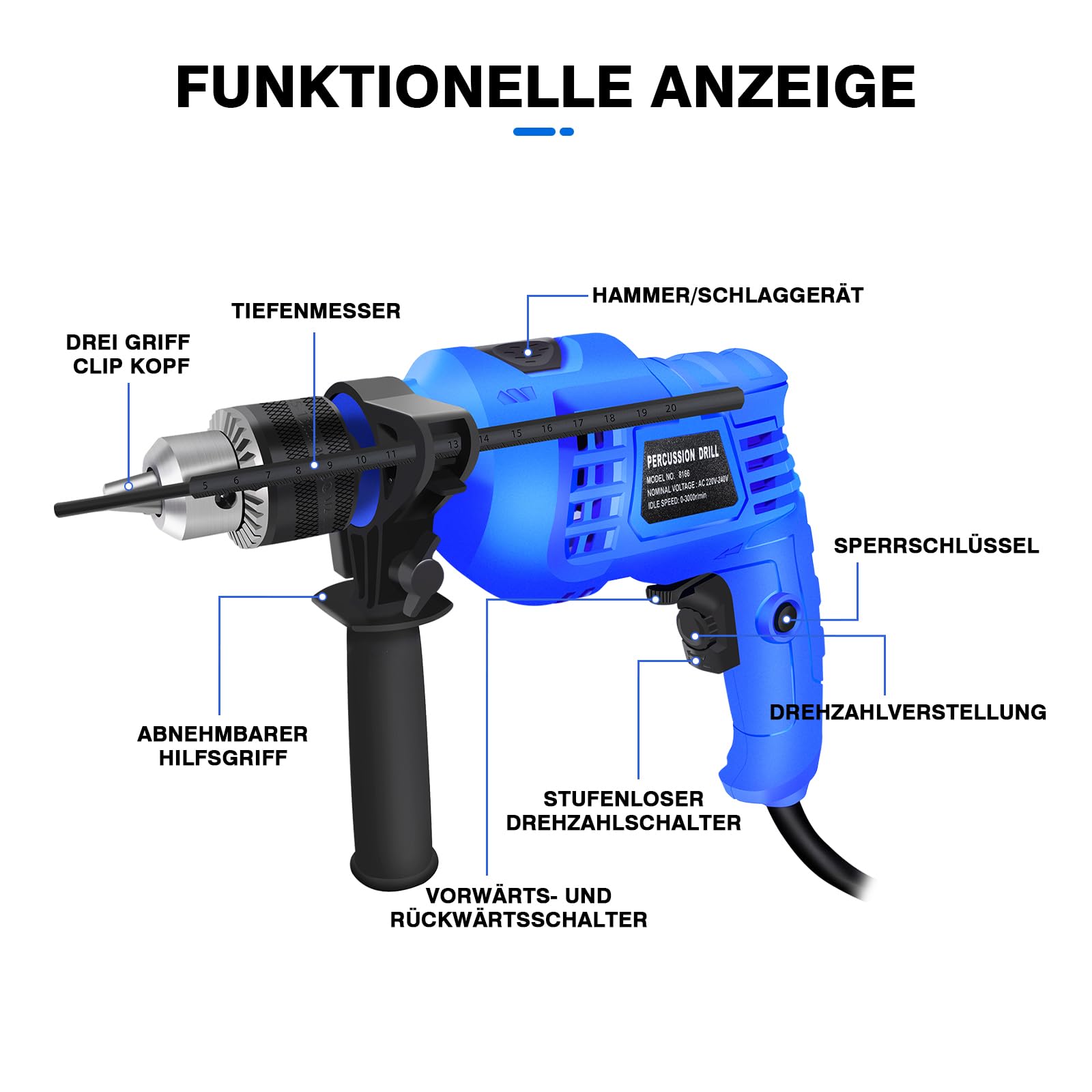 Trapano, 850 W, trapano a percussione 3000 giri/min, martello e trapano 2 in 1, impugnatura supplementare regolabile a 360 gradi, foratura precisa in legno, cemento e acciaio
