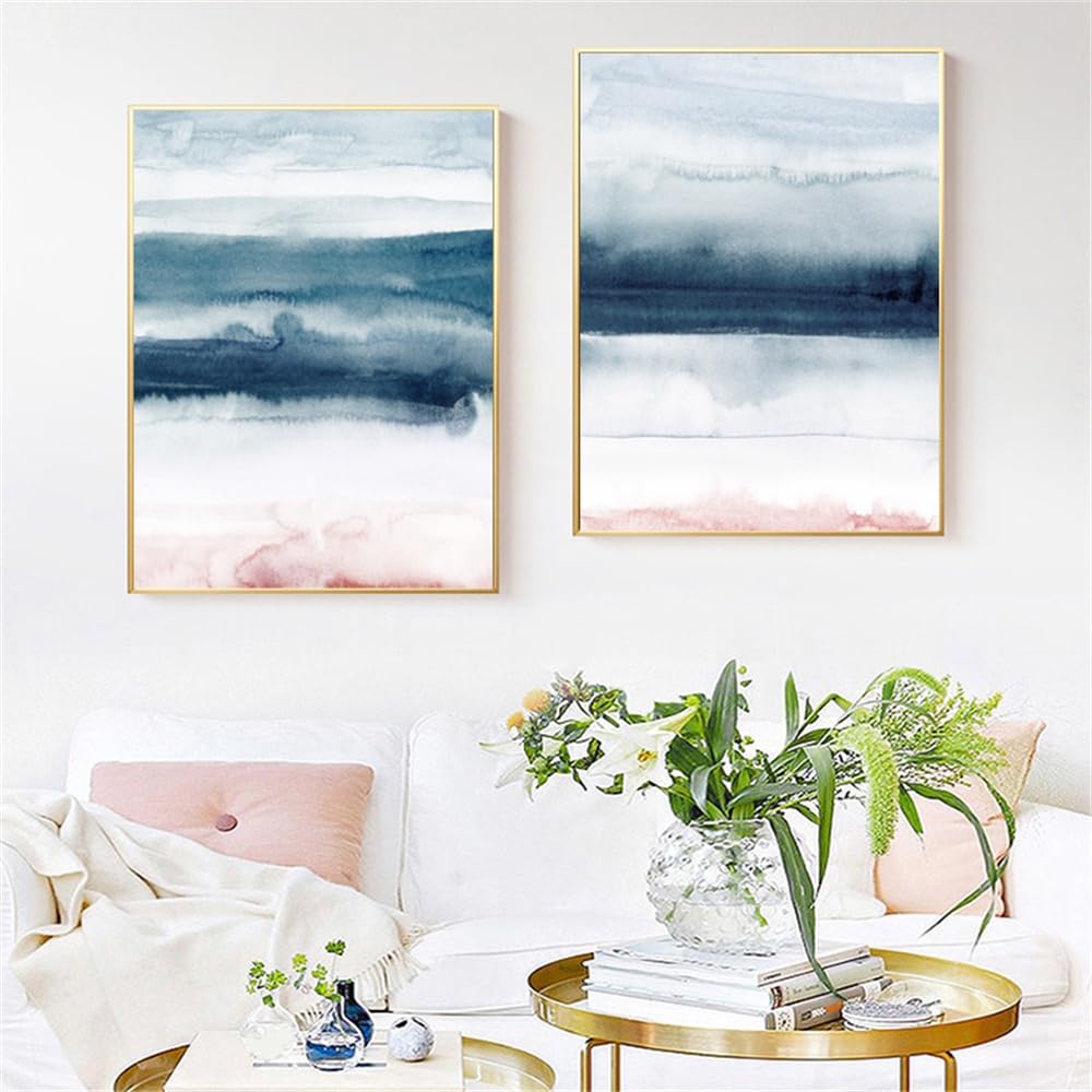 WBYZAC 2 Pieces Poster-Navy Blue Blush Pink Watercolor Painting Canvas Prints Modern Abstract Posters Nordic Style Wall Art Pictures Living Room Decor-60 * 70cm (No Frame)