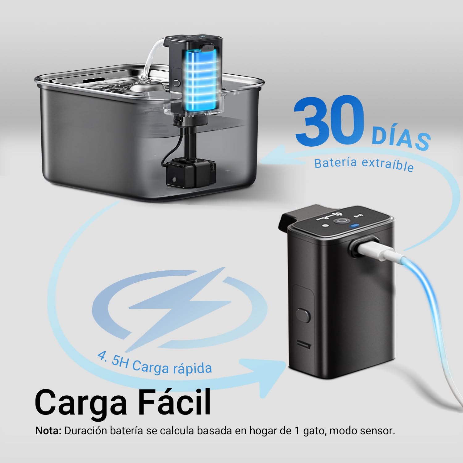 DownyPaws Fuente para Gatos sin Cable Inoxidable 3L, Bomba Silenciosa Negro | Bebedero Gatos con Sensor de Movimiento, Fuente Agua Gatos Inalámbrica, Batería de 4000 mAh, Apta para Lavavajillas