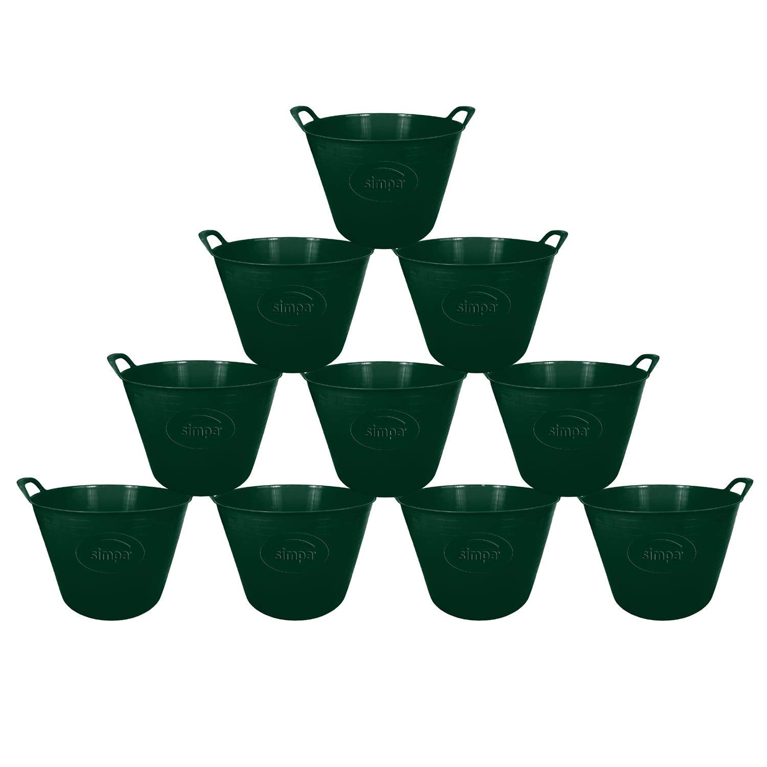 Simpahome Dark Green 42L 42 Litre Large Multi Purpose Flexi Tub - Robust Flexible Storage Container Bucket - Set Of 10.