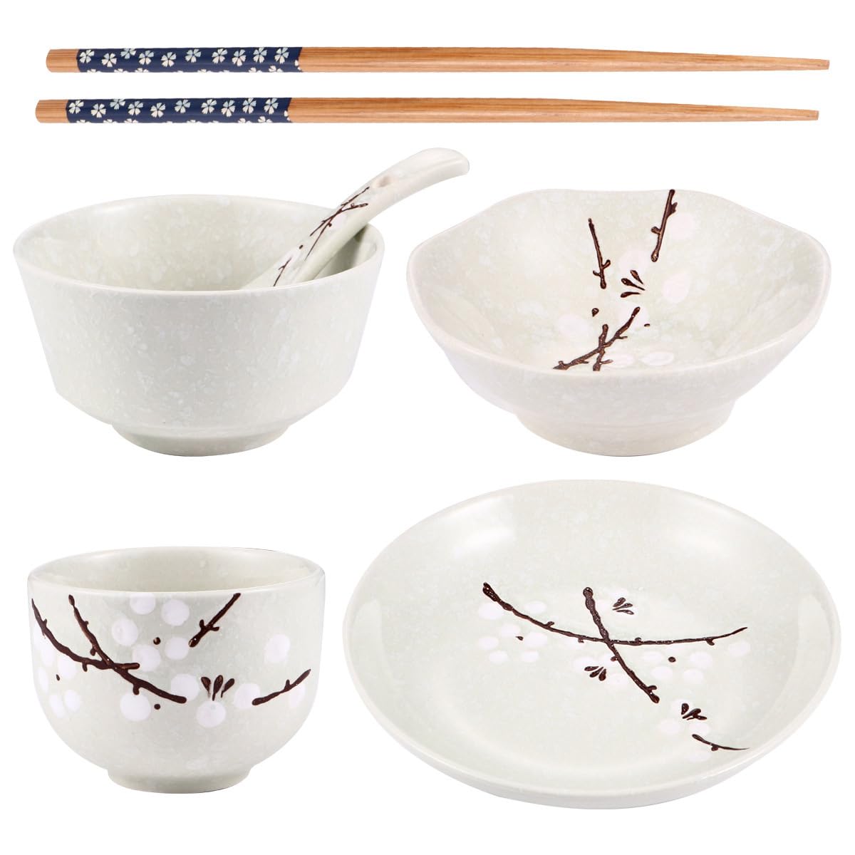 TOPBATHY Geschirr-Set im japanischen Stil für eine Person, Keramikschale, Teller, Schale, Tasse, Löffel und Essstäbchen, Blumendruck, Set für Mahlzeiten im Haushalt