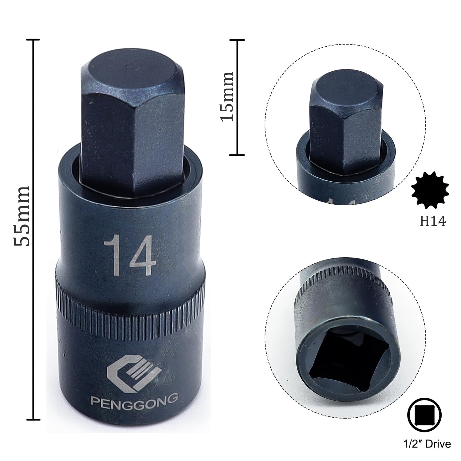 Juttzzei 1/2" Drive H14 Hex Bit Socket, 14mm Allen Key Square Socket, Premium S2 Steel H14 Hex Bit with 2" Length - Image 2