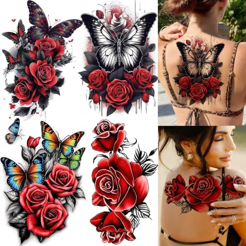 Image of 4 Sheets Large 3D Rose Temporary Tattoos For Women Hips Buttock Thigh Adults Body Art Back Tattoo Sticker, Long Lasting Realistic Waterproof Watercolor Butterfly Flowers Fake Rose Tattoos Shoulder