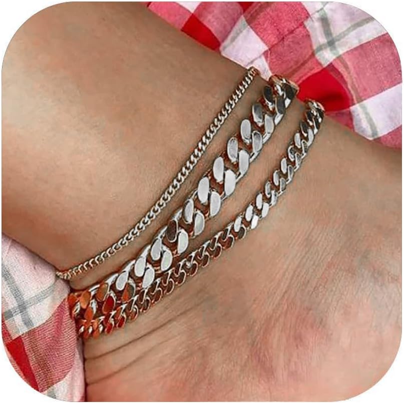 3 PCS Gold Ankle Bracelets for Women 14k Gold Stainless Steel Anklets for Women Waterproof Cuban Link Anklets Layered Plus Size Ankle Bracelet Gold Jewelry Set Women Gift