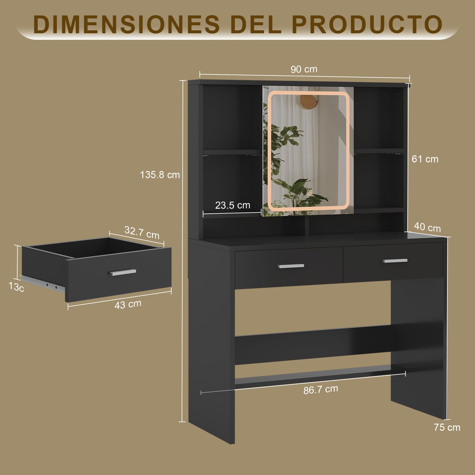Airfish Tocador de Maquillaje con Espejo y Luces LED, 3 Colores Brillo Ajustable, Mesa de Maquillaje con Espacio para Joyas, Estantes Ajustables,9 Ganchos y 2 Cajones, 90x40x135,8 CM Moderno, Negro