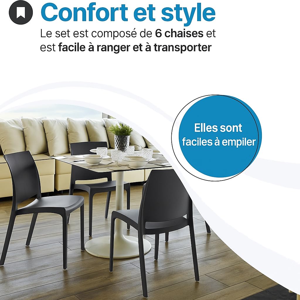 Tomaino - Chaise de cuisine en plastique - Lot de 6 chaises empilables en plastique avec accoudoirs pour l'extérieur et l'intérieur - Chaises pour jardin, salon, balcon ou bar - Noir