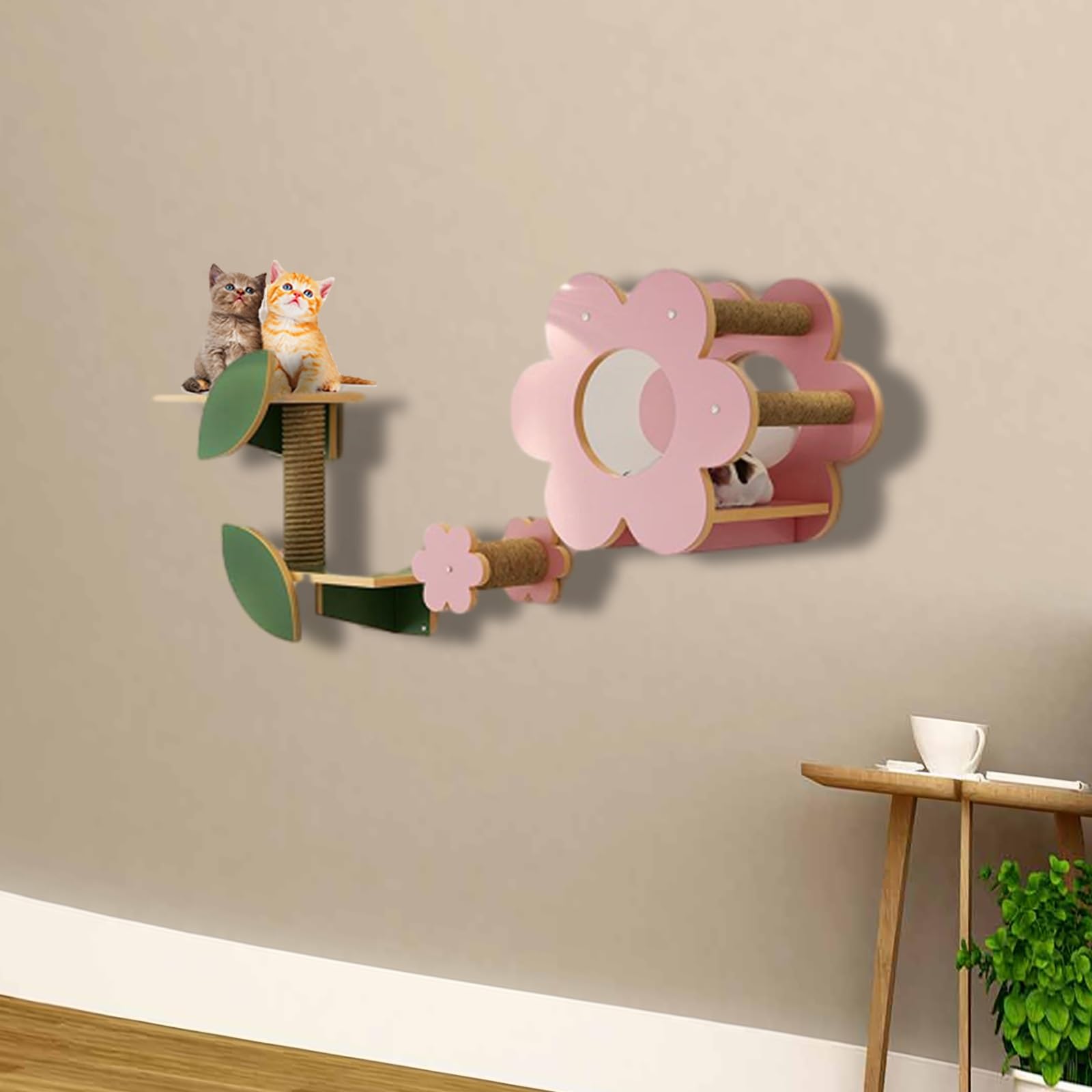 Percorso Gatti da Parete, Mensole per Gatti da Parete, Mensola Angolare da Parete per Micio, con Corda Tiragraffi in Sisal, Mobili per Appollaiarsi(5PCS)