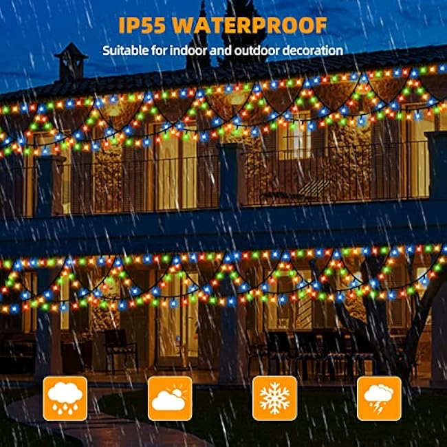 XTF2015 Halloween Christmas Lights Outdoor Color Changing 40FT 380 LED Christmas String Lights Extendable 8 Modes, Waterproof Half Round Christma s Light for House Roof Eaves Garden Patio(Multicolor)