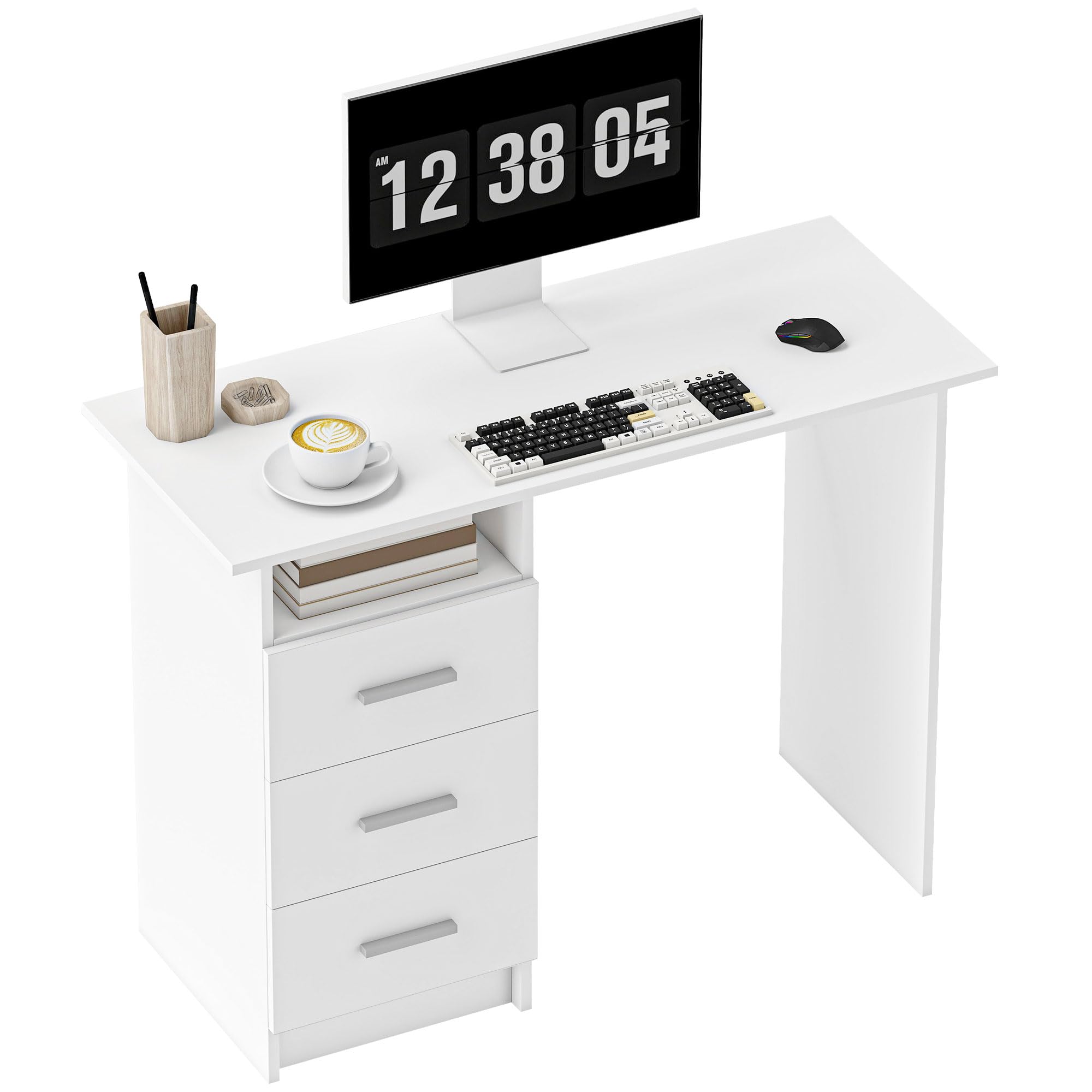 HOMCOM Scrivania Salvaspazio Moderna 3 Cassetti 100x40x75 cm Bianco | Ripiano Aperto, Scrivania con Cassetti in Legno, per Ufficio Studio Camera da Letto