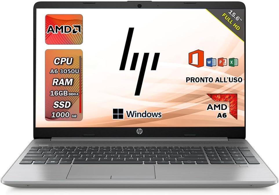 HP 255 G9 | Pc portatile notebook | Ram 16 GB ddr4 | SSD 1 TB | Amd 3050U | Silver | Display 15.6 | FHD | BT | WiFi | Windows 11 Pro | Office Pro | Computer portatile Pronto alluso