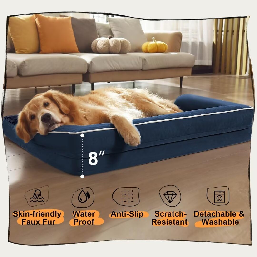Large Dog Bed Orthopedic Washable - Waterproof with Removable Cover - Memory Foam - Beds Bolster Pet - Couch Sofa - XXL Large Big Dogs - Navy Blue Dog Bed - image 6