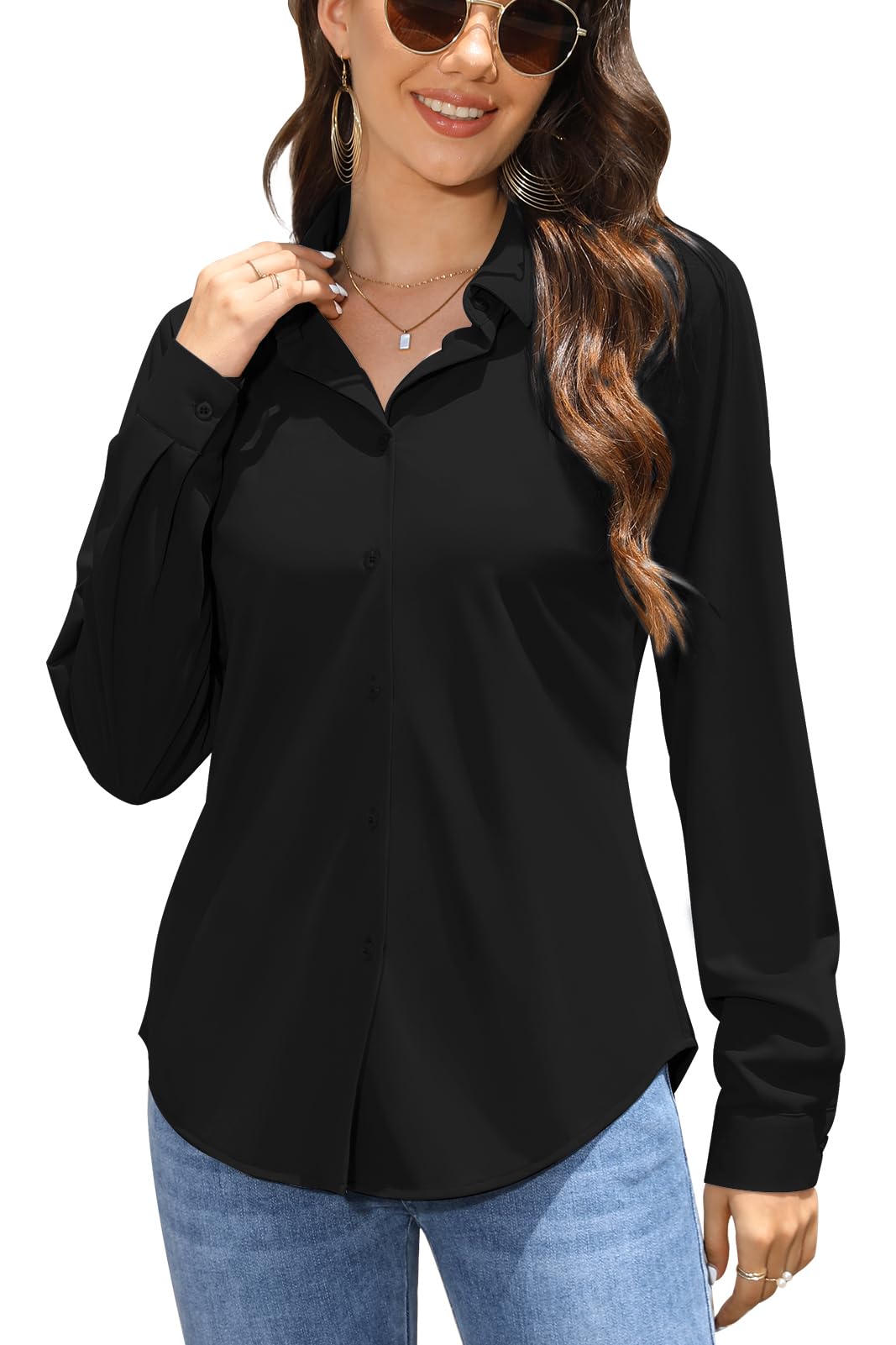 LigotnWomens Dress Shirts Regular Fit Long Sleeve Stretch Work Shirt Button Down Shirt Classic Collared Tops