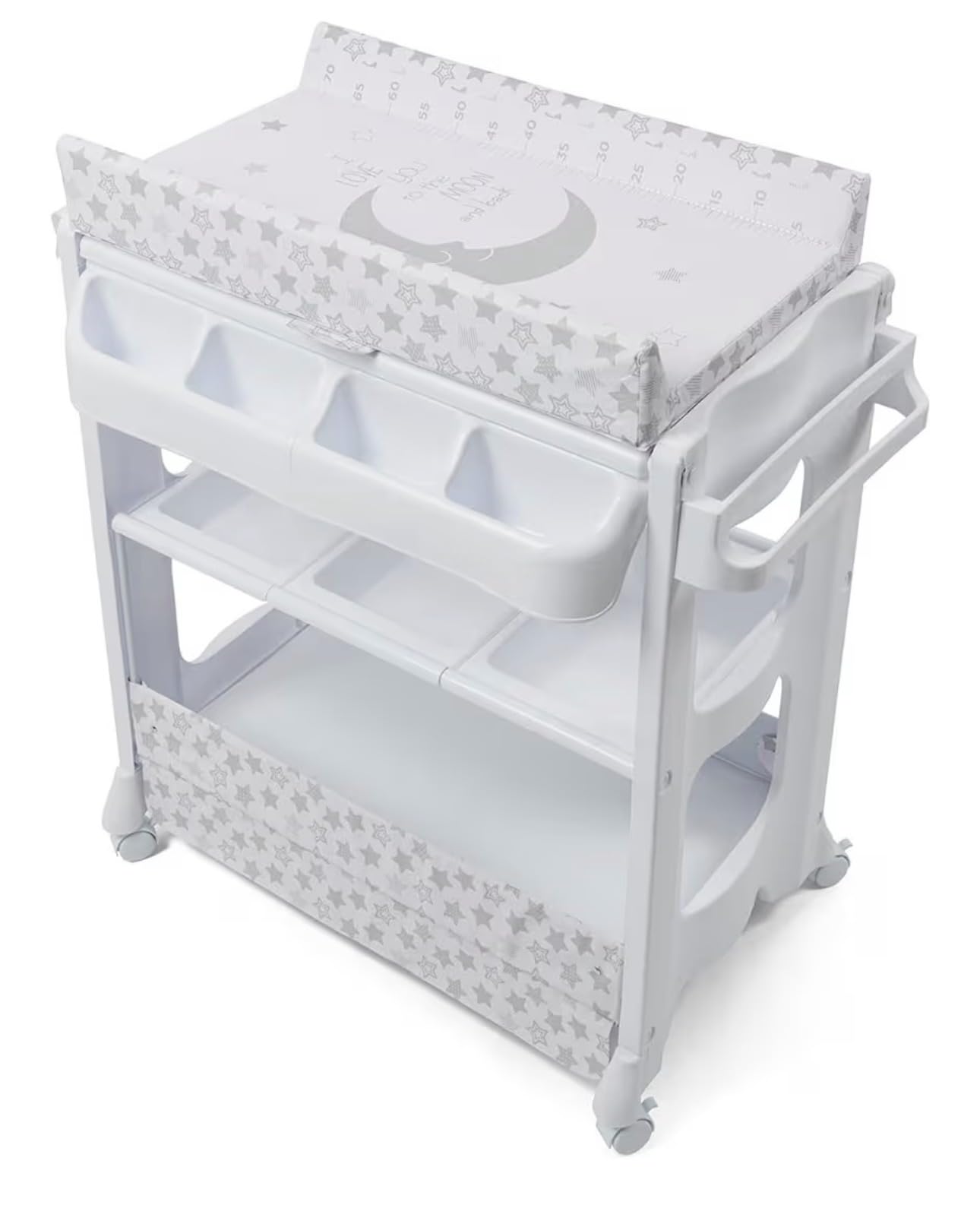Premium 7-in-1 Diaper Changing Table/Baby Bath Tub & Diaper Changing Station with Wheels | Waterproof Pad, Latex Mat, Storage Design Standard Baby Diaper Station – White-image-6