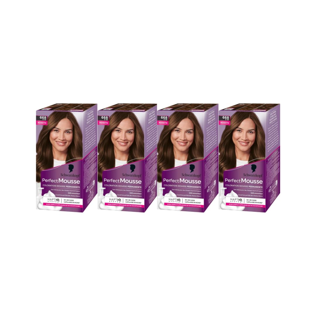 Schwarzkopf - Perfect Mousse - Coloration Cheveux - Mousse Permanente Sans Ammoniaque - Masque Soin 96% D'ingrédients D'origine Naturelle - Noisette 668 - Lot de 4