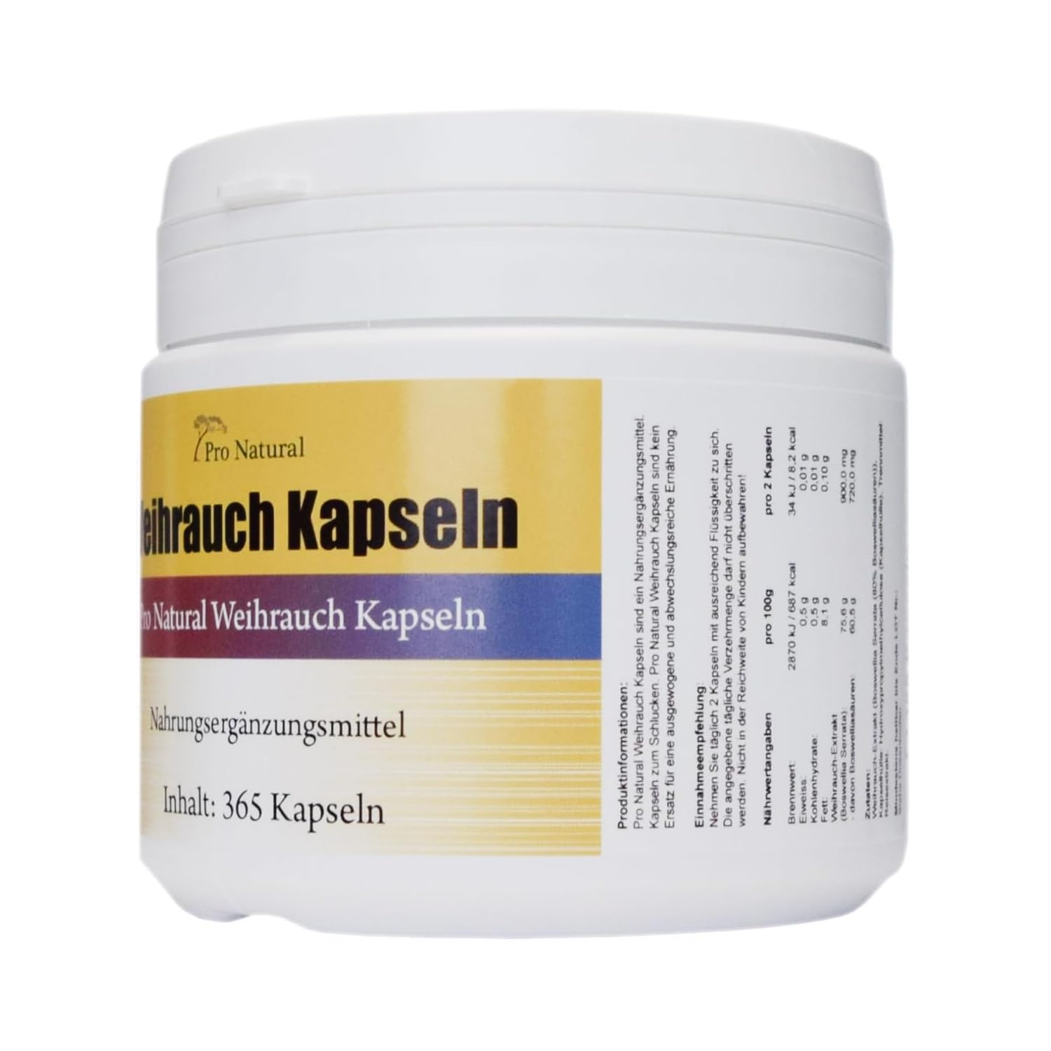 Weihrauch Kapseln hochdosiert 450mg - 365 Kapseln (vegetarisch), Boswellia von Pro Natural