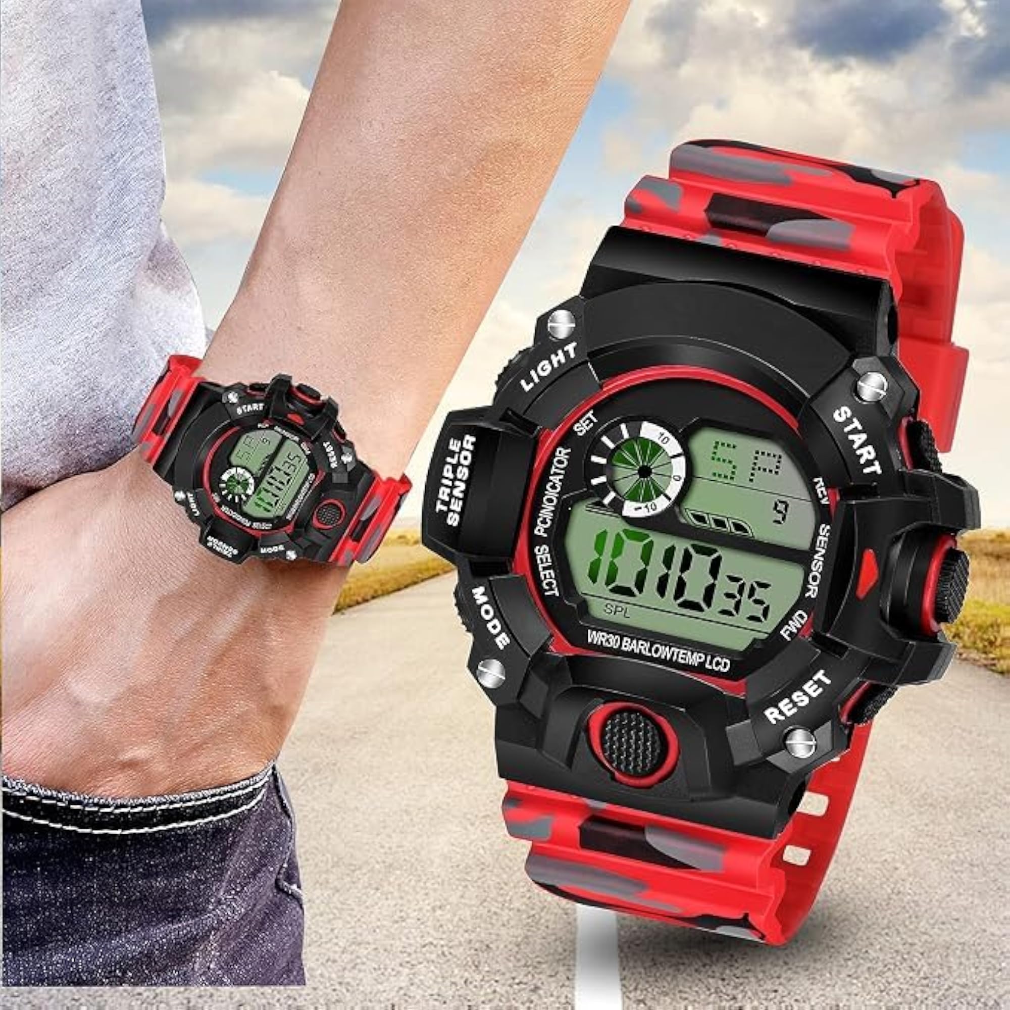 Digital Sports Watch for Boys, Red Camouflage Strap