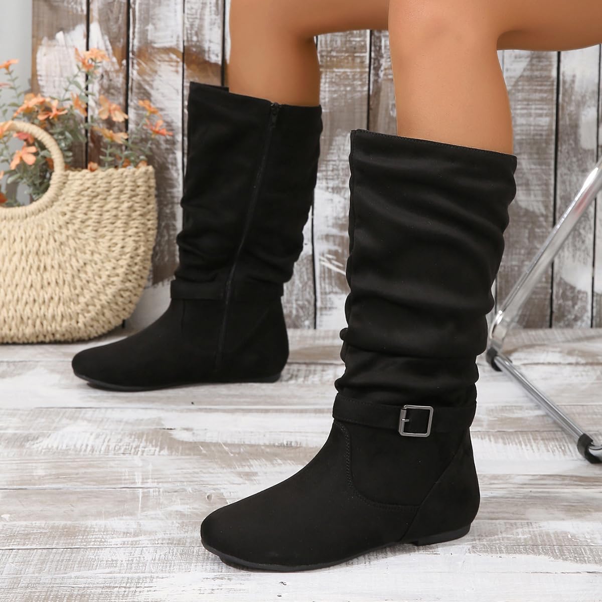 Botines de Ante para Mujer Caña Media Estilo Retro Arrugado Punta Redonda Tacón Bajo Plano Cremallera Lateral Completa Calzado Casual para Todas las Estaciones para Trabajar Citas y Viajar