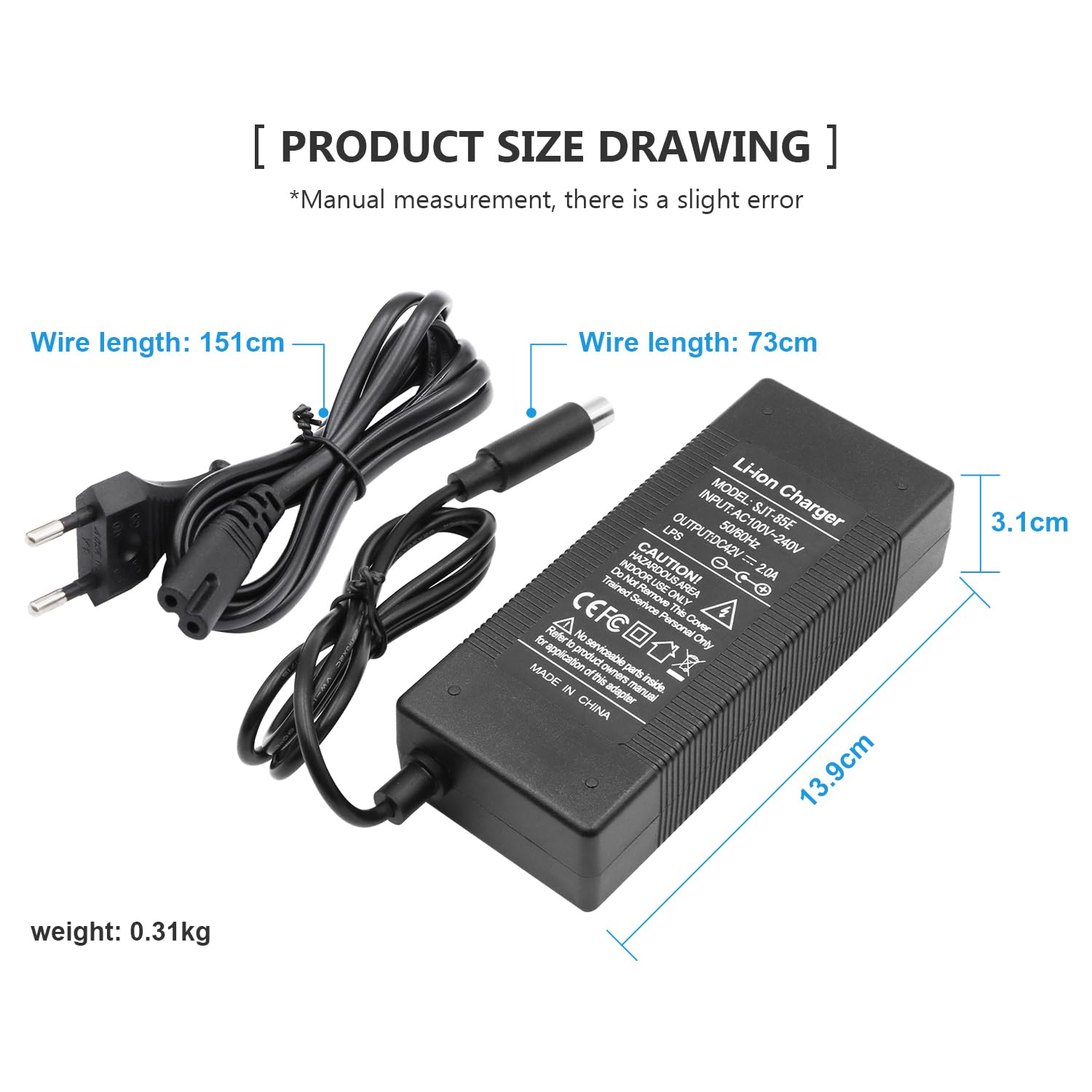 42V 2A Cargador de Batería Patinetes para Xiaomi 1S M365 Lite Pro Pro 2 Mi3 Scooter electrico Bicicleta eléctrica Motocicleta eléctrica Cable Universal 5,5mm 2,1mm