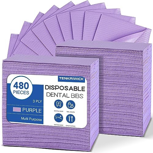 480 Pack Disposable Dental Bibs 13"x18", 3-Ply Waterproof Tattoo Bibs Sheet for Nail Salon, Dental Clinic, Feeding, Tattoo Shop (Purple)