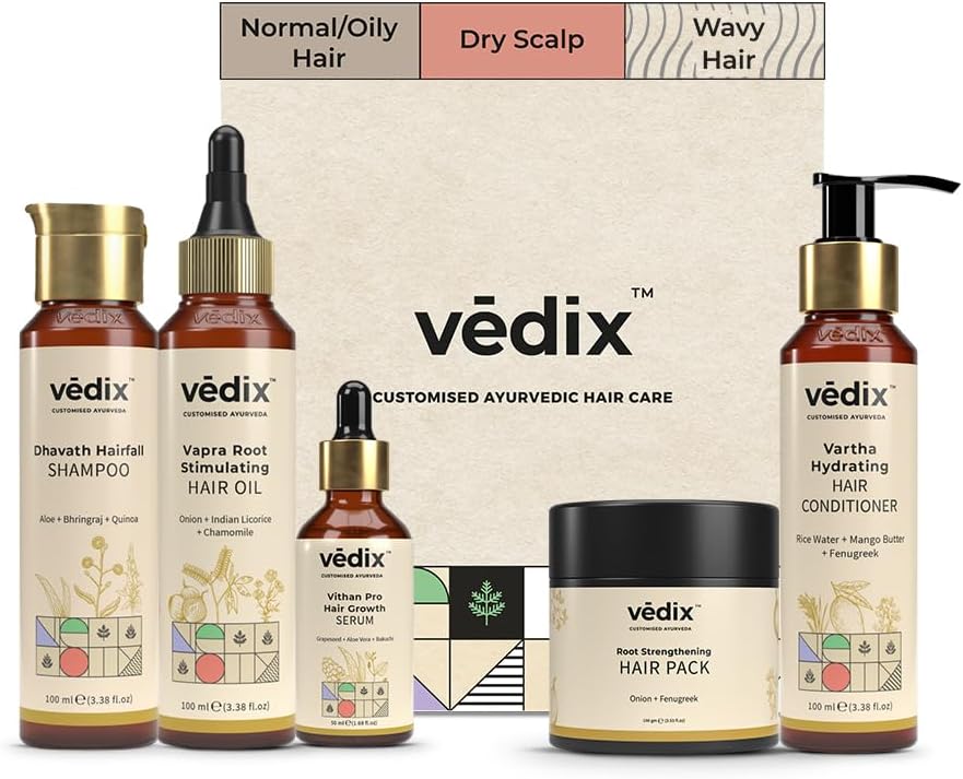 Vedix Ayurvedic Hair growth Kit | 5 product Kit | for Normal Hair, Dry Scalp, Wavy Hair | Vedix Hair Oil, Shampoo, Serum, Mask, Conditioner Set