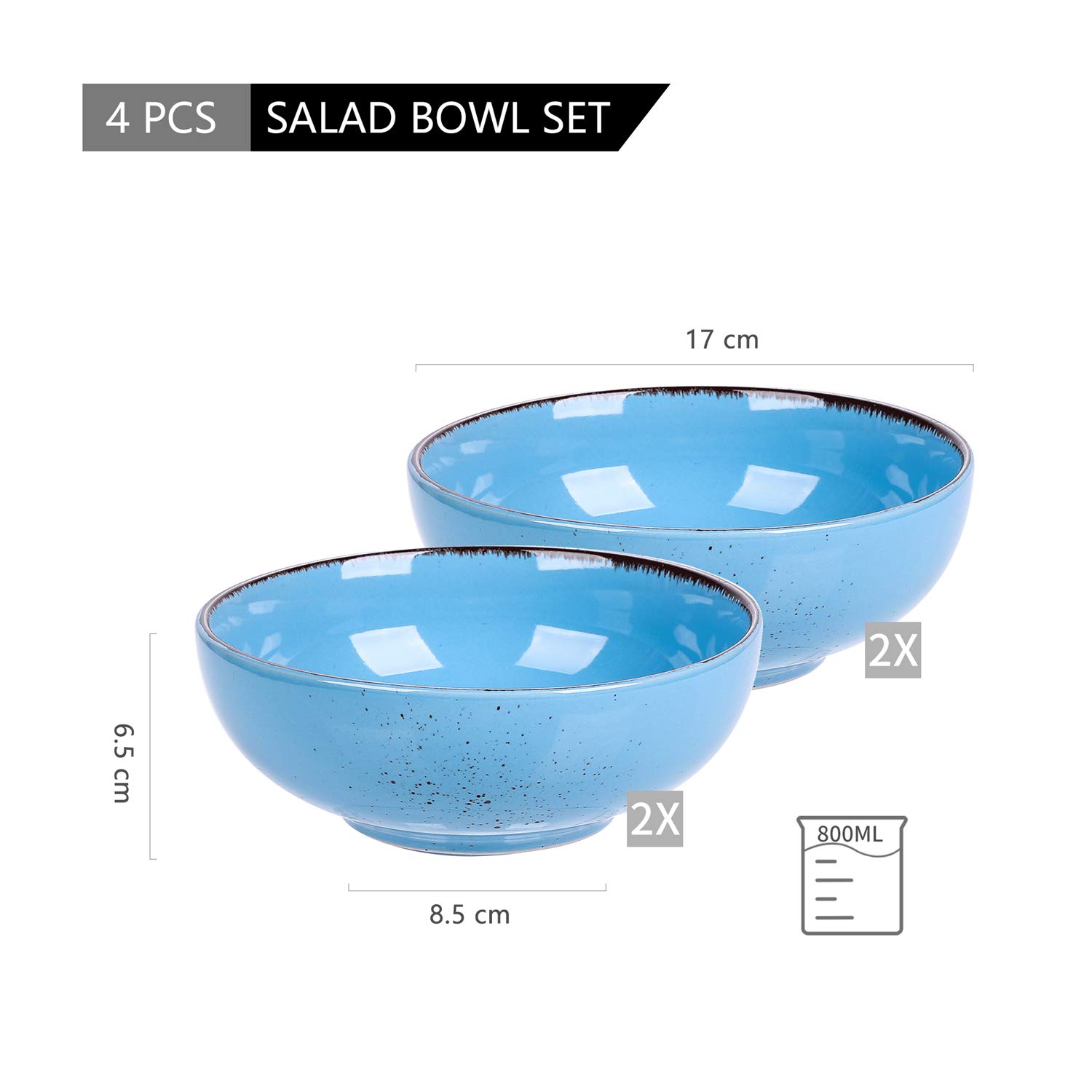 Blaue Keramikschüssel-Set, 17 cm, ideal für Suppe, Nudeln, Dessert, Obst, Nudeln, große Servierschüssel, 800 ml
