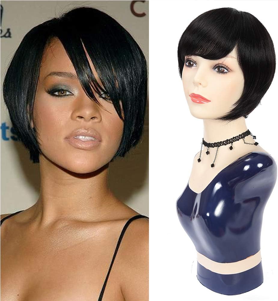 DRESSMAKER 100% Brazilian Human Hair Short Bob Wigs with Bangs No Lace Frontal Wig Machine Made Glueless Natural Black Color wigs(Emily)