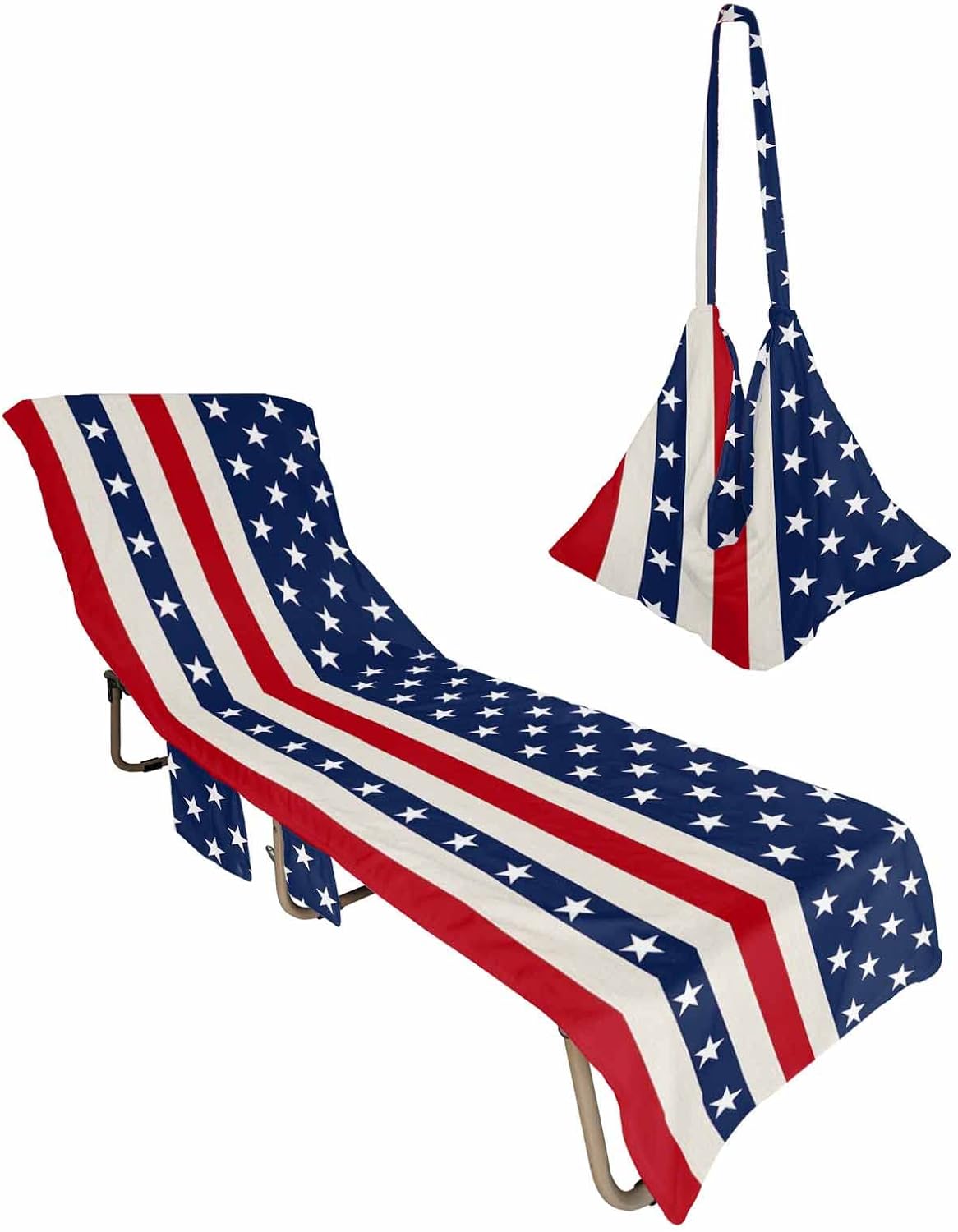 Patriotic Flag Beach Pool Patio Lounge Chaise Chair Cover Towel With Pockets,Absorbent & Quick Dry Microfiber Towel Cover Bag Summer Accessories for Sunbathing Independence Day Blue Red White Stripes