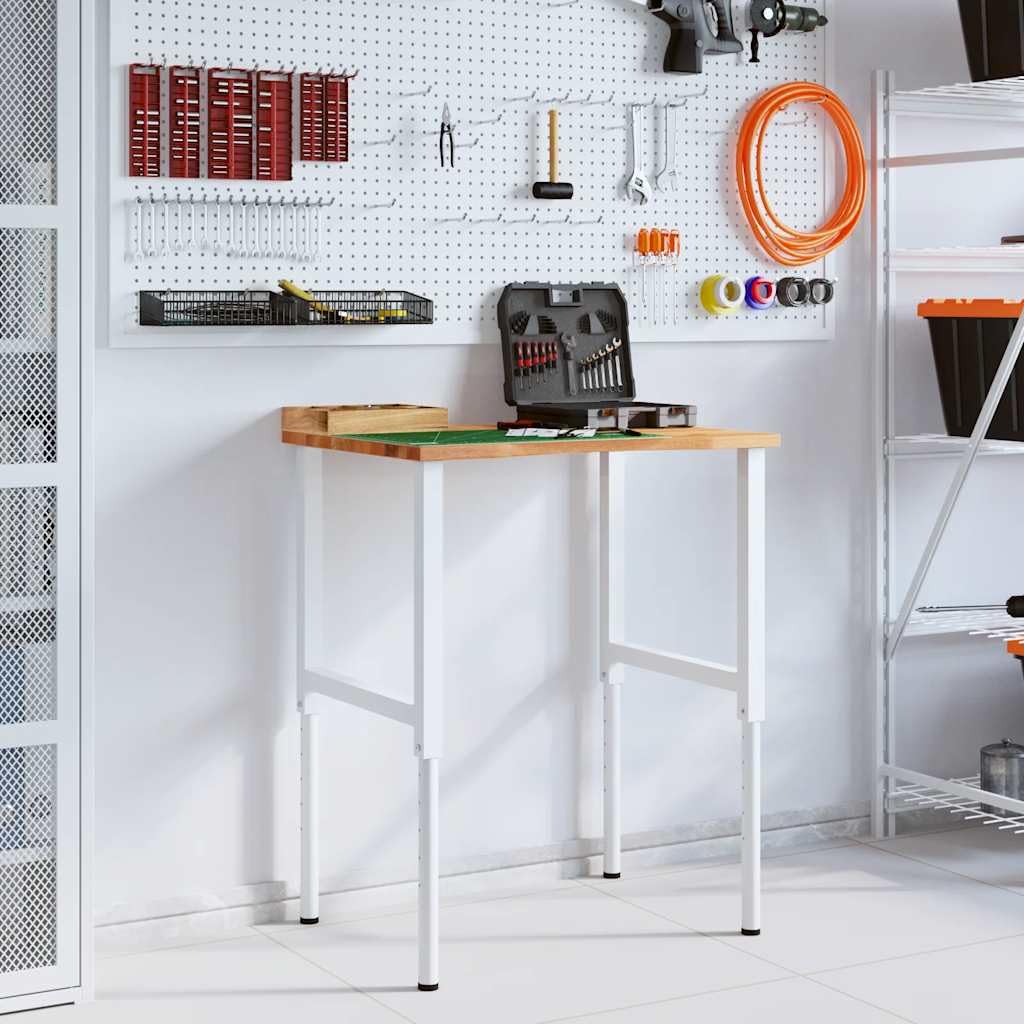 Banco de trabajo marrón claro de madera de roble maciza, 80 x 60 x (71,5 – 98) cm con estructura de metal pulverizado, altura regulable para taller, garaje, sala de ocio y bricolaje