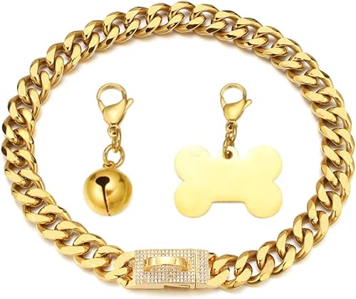 Collar de cadena de oro para perro, collar de cadena de eslabones cubanos de 18 quilates con etiqueta de identificación de perro y campana de 0.591