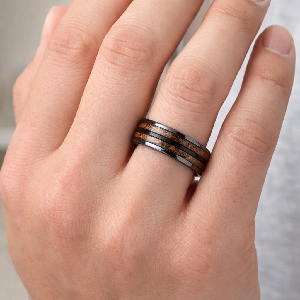 1pc Men's Trendy Stainless Steel Gray Whiskey Barrel Wooden Inlaid Wedding Ring - Suitable For Any Commitment Or Engagement size 7-13 - Christmas or Birthday Gift