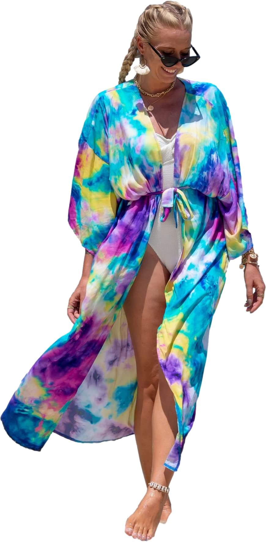 RanRuiWomenloose Kimono Duster Beach Blouse Long Beach Kimono Robe Cover ups Kimonos for Women
